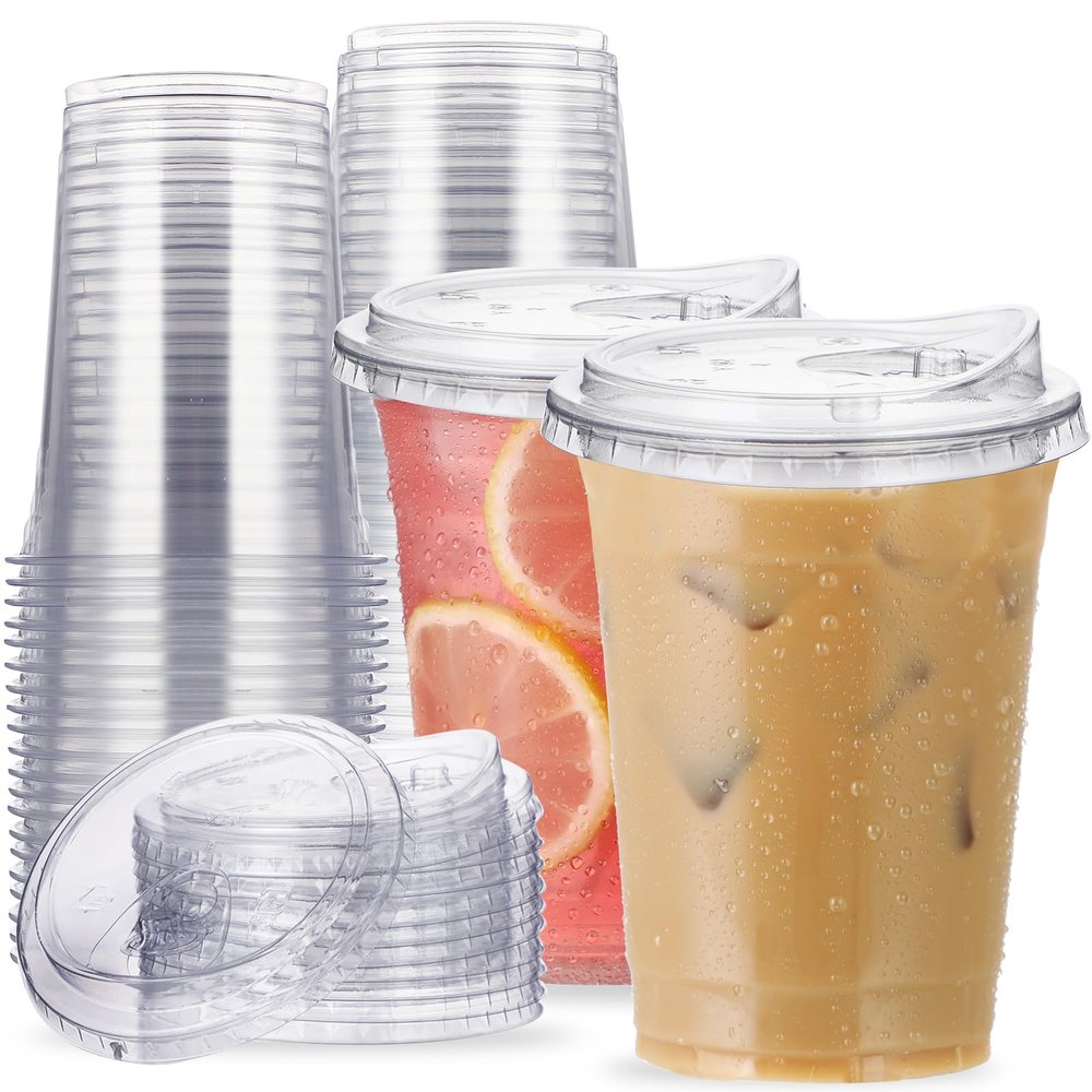 16 oz Clear Plastic Cups with Strawless-Sip-Lids, 25 Sets Disposable Cup Plastic Iced Coffee Cups, To Go Cup with Sip Through Lids for Smoothie, Milkshake, Cold Drinks for Party, Wedding, Event