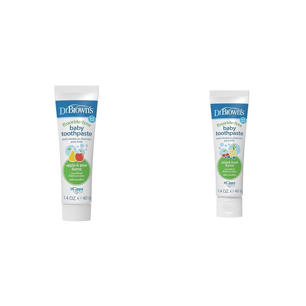 Dr. Brown's Fluoride-Free Baby Toothpaste, Infant and Toddler Oral Care, 1.4oz/40g, 0-3 Years, Apple Pear/Mixed Fruit, 2 -Pack