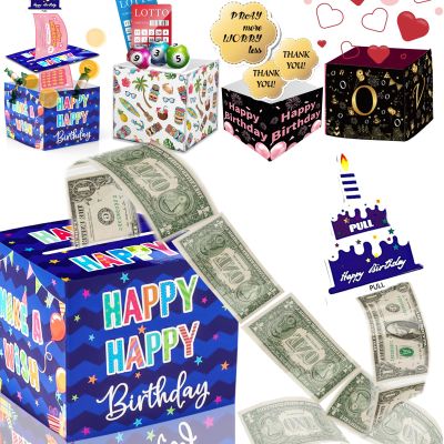 Birthday Money Box for Cash Gift Pull, Surprise Money Roll Gift Box with Pull Out Card and 30 Transparent Bags DIY Set, Funny Ways to Give Money as Gift for Parents, Lovers, Friends (Blue)