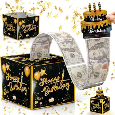 Birthday Money Box Pull with Surprise Card & 30 Bags DIY Set - Funny Cash Gift for Parents, Lovers, Friends (Black)