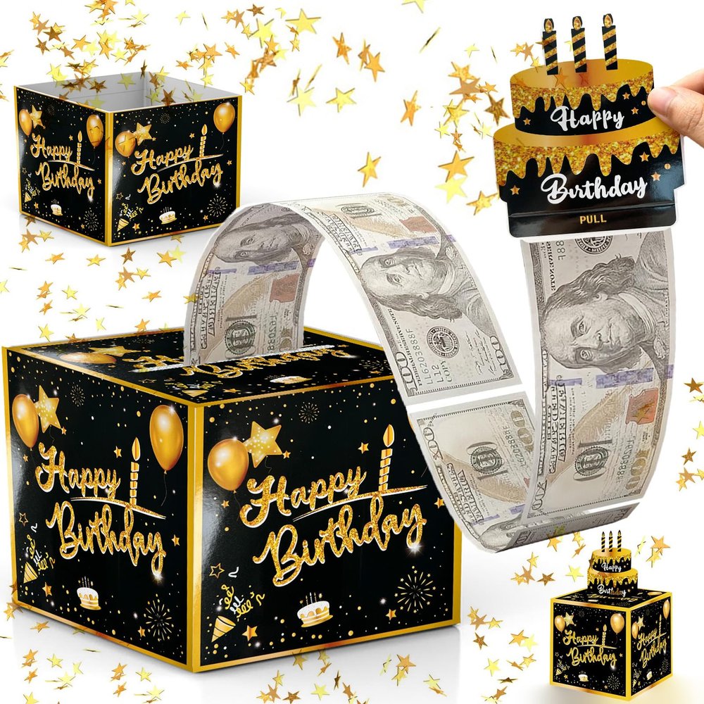 Birthday Money Box Pull with Surprise Card & 30 Bags DIY Set - Funny Cash Gift for Parents, Lovers, Friends (Black)