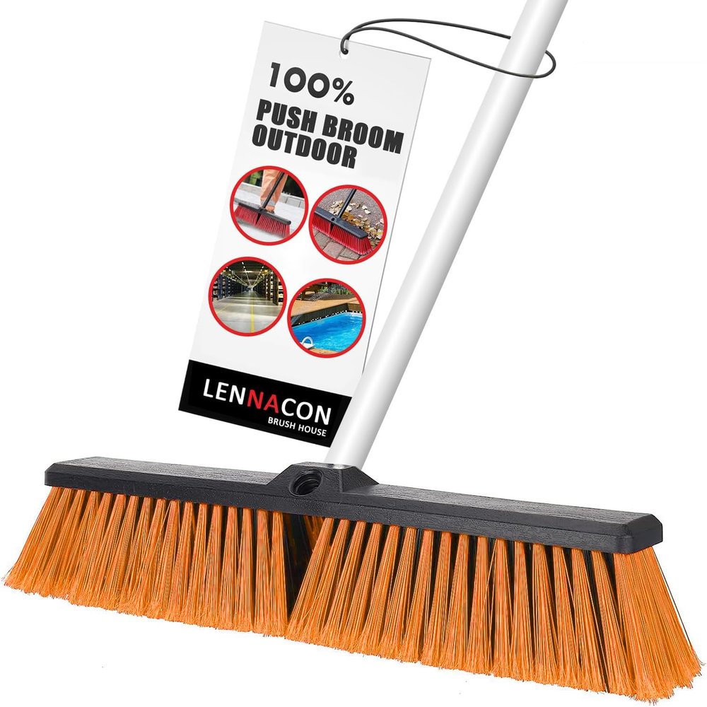 18" Push Broom Outdoor Heavy Duty, Snow Broom with Long Handle, Shop Broom Garage Push Broom for Garden, Patio, Garage, Bathroom, Kitchen, Tub, Carpet, Tile, Deck, Concrete, Industrial (Yellow)