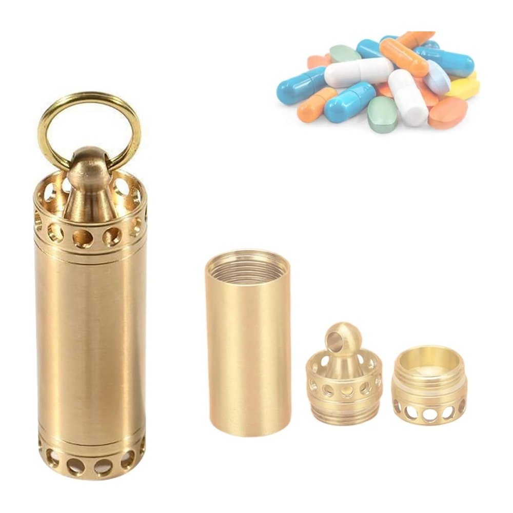 SNIME Pill Dispenser Pill Holder Keychain Brass, Waterproof Pill Case Travel, Outdoor EDC Pill Bottle for Daily Purse Pocket and Camping Survival Kit (Size : Large-2PCS)