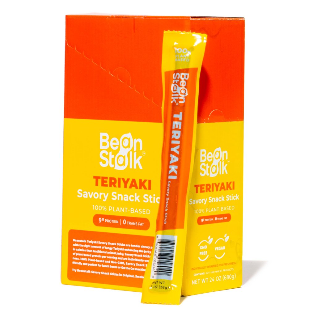 Bean Stalk Savory Snack Sticks Teriyaki Flavor| Plant Based Meatless Vegan Jerky Snacks | High-Protein 9g each | Non-GMO | Vegetarian | Perfect On-the-Go Snack | 24 pack