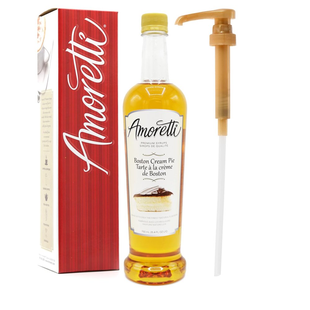 Amoretti - Premium Boston Cream Pie Syrup, 94 Servings Per Bottle (750 ml), with Pump for Flavoring Coffees, Cocktails, and other Beverages, Gluten Free, GMO/GEO Free, Preservative Free