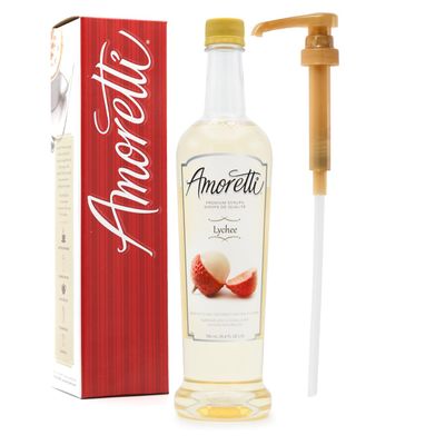 Amoretti - Premium Lychee Syrup, 94 Servings Per Bottle (750 ml), with Pump for Flavoring Coffees, Cocktails, and other Beverages, Gluten Free, GMO/GEO Free, Preservative Free