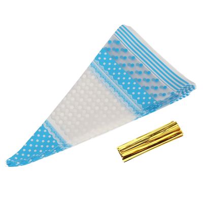 Cone Shaped Treat Bags, 50 Packs Clear Plastic Cone Bags Triangle Bags Popcorn Bags Cone Shaped Cellophane Treat Bags with Tie for Popcorn Favor Candy (Blue)