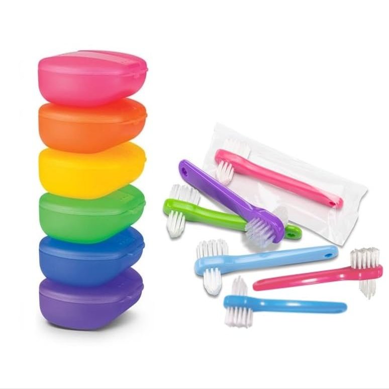 AmeriCan Goods 6/Pk Pro Retainer Box Tropical Assorted Color Holders with 6/Pk Mini Denture Brushes Clean & Care Set Retainer Case with Brushes