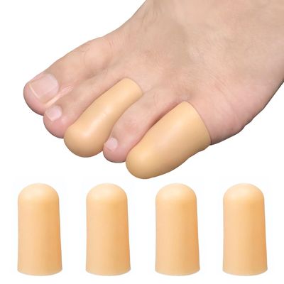 4 Pack Gel Toe Cap and Protector for Small Toe - Cushions and Protects, Toe Covers for Women & Men, Provides Relief from Missing or Ingrown Toenails, Corns, Blisters, Hammer Toes (Small, Beige)