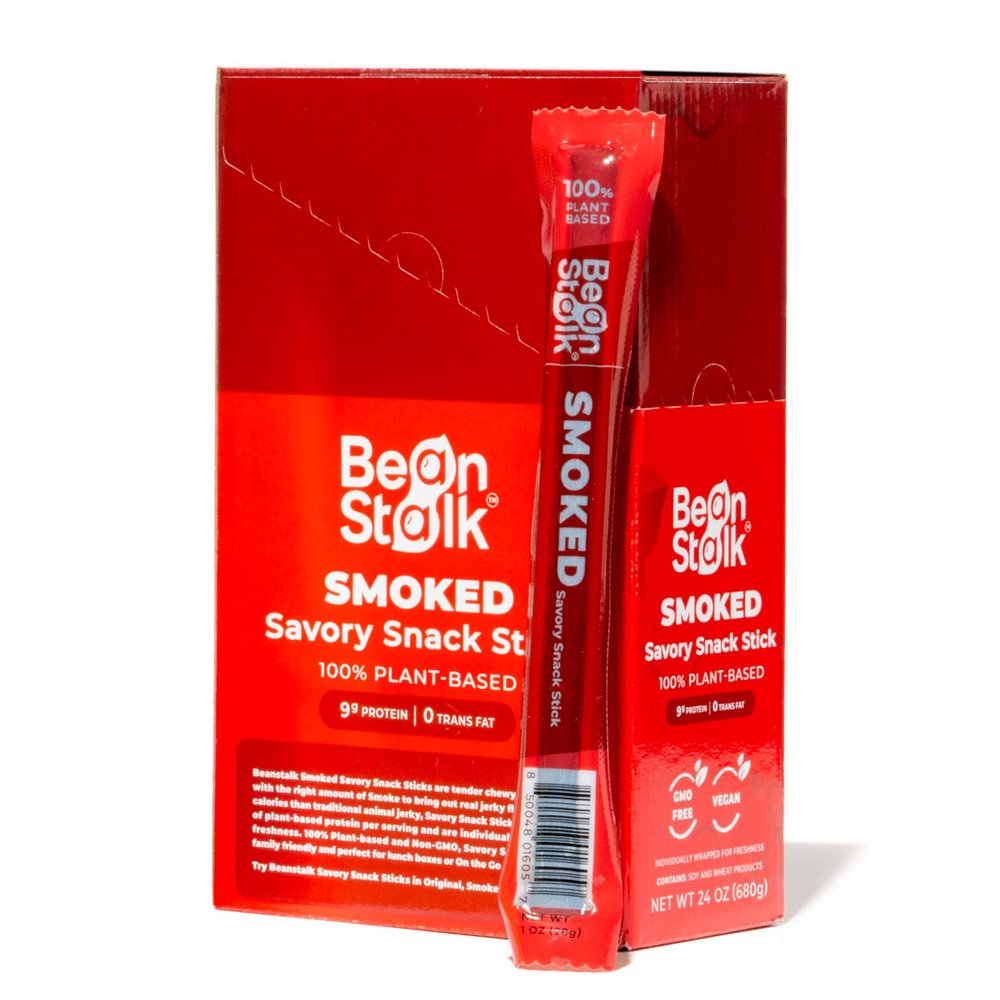 Bean Stalk Savory Snack Sticks Smoked Flavor| Plant Based Meatless Vegan Jerky Snacks | High-Protein 9g each | Non-GMO | Vegetarian | Perfect On-the-Go Snack | 24 pack