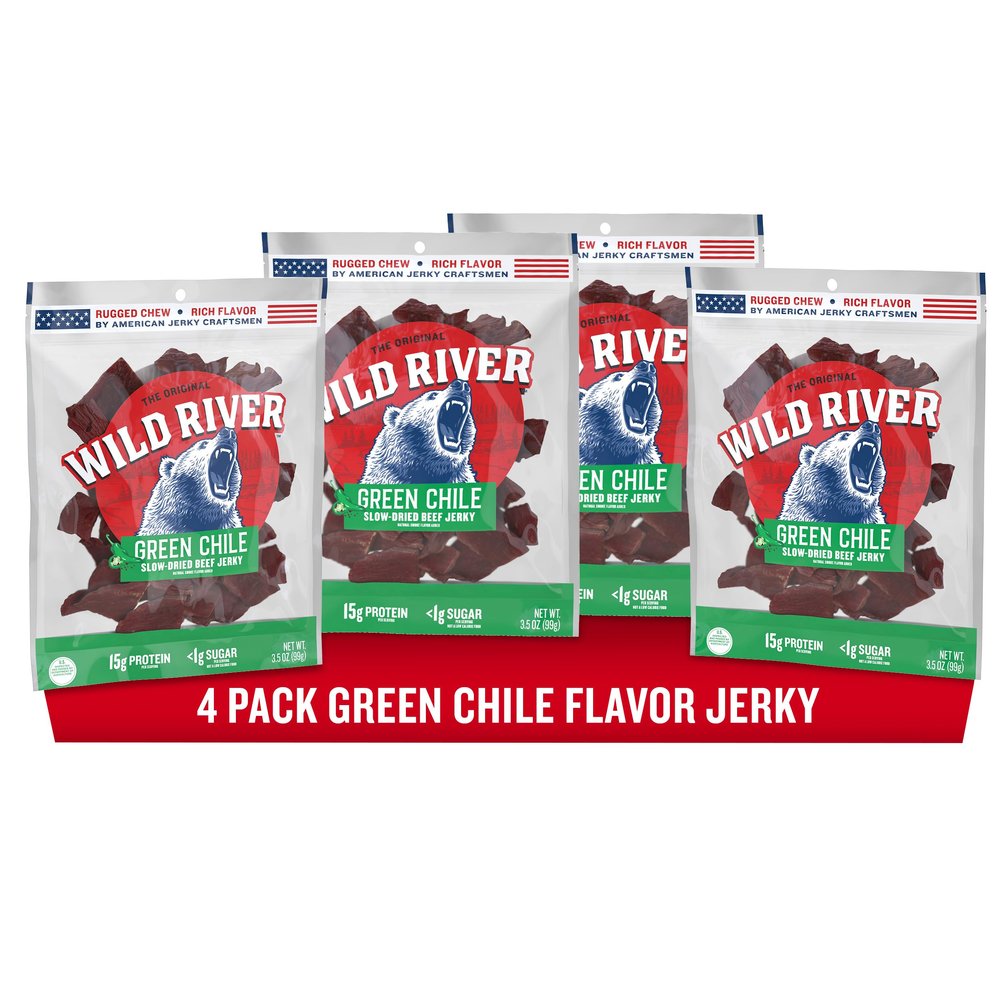 Wild River Green Chile Beef Jerky, Old Fashioned 100% Beef Jerky, Gluten Free, Deliciously Seasoned Protein Snacks, Savory Meat Snack for Lunches, Ready to Eat, 15g of Protein, 3.5 Ounce (Pack of 4)