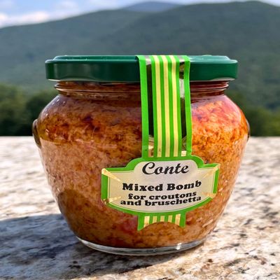 Conte Mixed Bomb Bruschetta Spread - Bombola Mista, Versatile Italian Vegetable Spread for Crostini, Pasta Salad & More, Imported from Calabria - Jar, 190g