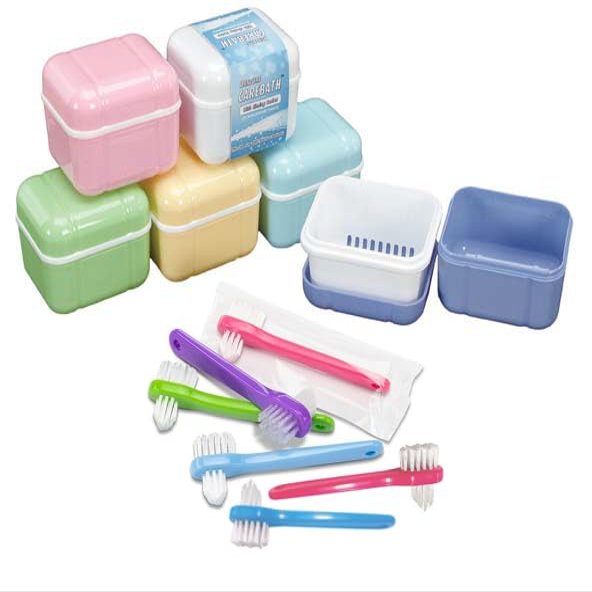 AmeriCan Goods 6/Pk Premium Euro Pastel Denture Care Bath Box Case with 6/Pk Mini Denture Brushes Denture Retainer Bath Cases with Rinsing Basket & Brushes