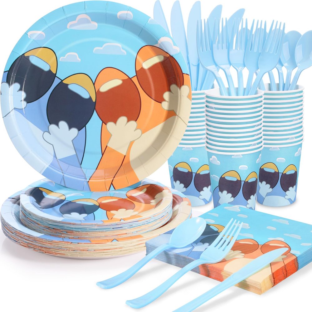 175Pcs Blue Dog Birthday Party Supplies, Blue Plates and Napkins Party Decorations, Blue Paper Plates for Children Birthday Party Decorations, Serve 25 Guest