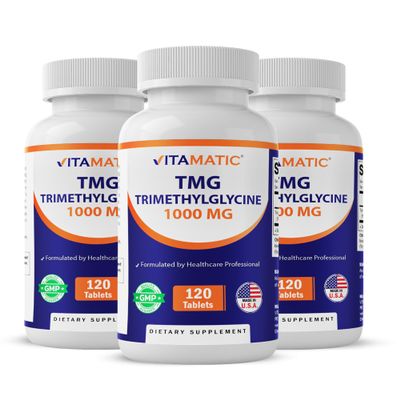 Vitamatic TMG Supplements 1000mg - Trimethylglycine - Betaine Anhydrous - 120 Tablets - 120 Servings - Non-GMO & Gluten Free (3 Bottles)