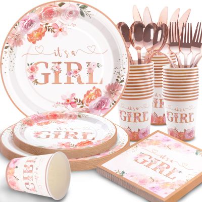 175 PCS Baby Shower Decorations for Girl, Floral Baby Shower Plates and Cups and Napkins Sets Serve 25, It's a Girl Plates Set for Baby Girl Gender Reveal Birthday Party Decorations