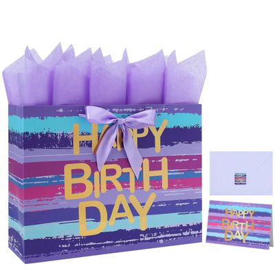 16.5 Extra Large Purple-blue Multicolor Watercolor Gift Bag Set with Greeting Card and Lavender Tissue Papers (Gold Foil Happy Birthday) for Women's or Men's Birthday Party, Girls', Boys' or Kids' Party, Baby Shower, Baby Girl or Boy -16.5x5.5x1