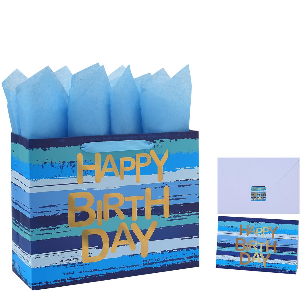 13" Large Multicolor Watercolor Gift Bag Set with Greeting Card and Tissue Papers (Gold Foil Happy Birthday) for Men's Birthday Party, Boys' or Kids' Party, Baby Shower, Baby Boy