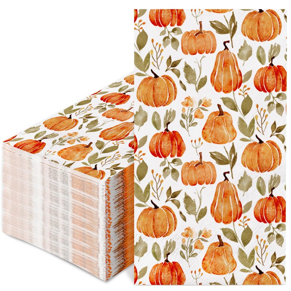 100Pcs Fall Guest Napkin Watercolor Pumpkin Greenery Disposable Paper Napkin Autumn Dinner Hand Napkin for Thanksgiving Harvest Bathroom Supplies, 4.3 x 7.8 inch