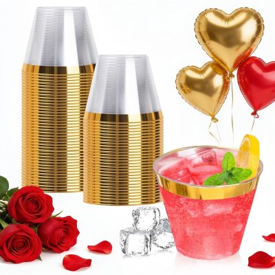 Goodluck 50PCS 9oz Gold Disposable Cups, Plastic Cups with Gold Rim, Cocktail Cups for Wedding, Party and Birthday