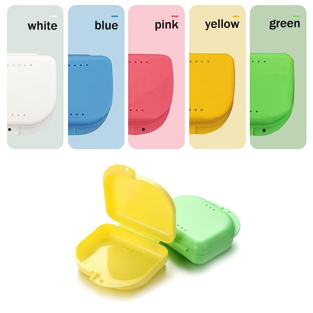 50 Pack Retainer Case with Vent Holes Mouth Guard Container Case, Individually Sealed Retainer Containers, Dental Storage Container for Aligners, Yellow, Blue, Green, Pink, White (Pink)