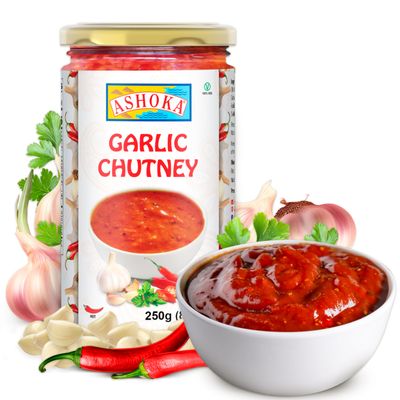 Ashoka Hot Garlic Chutney | Made with Garlic, Red Chilies & Lime | Vegan | Kosher | Original Indian Cuisine Since 1932 | Spicy Garlic Chutney | Great for BBQs, Wings, and Salads | 250 Grams