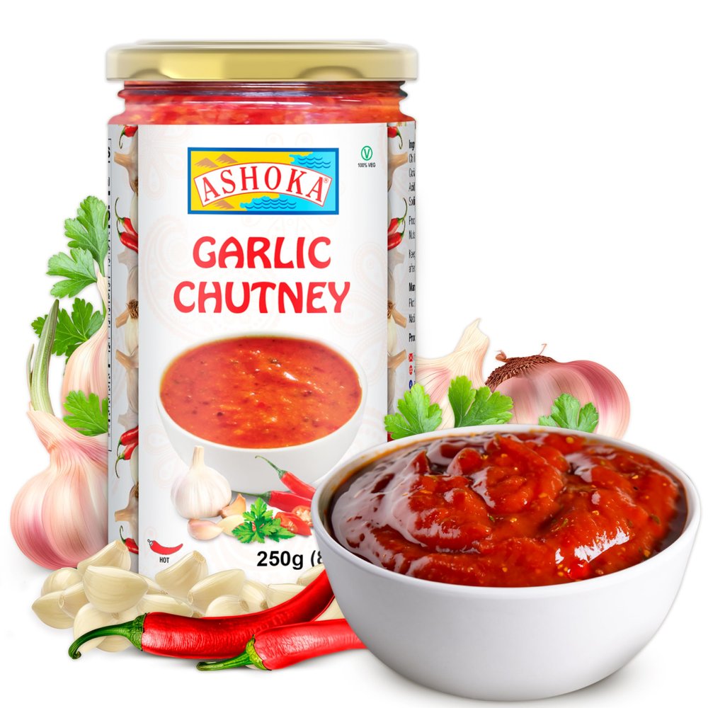 Ashoka Hot Garlic Chutney | Made with Garlic, Red Chilies & Lime | Vegan | Kosher | Original Indian Cuisine Since 1932 | Spicy Garlic Chutney | Great for BBQs, Wings, and Salads | 250 Grams