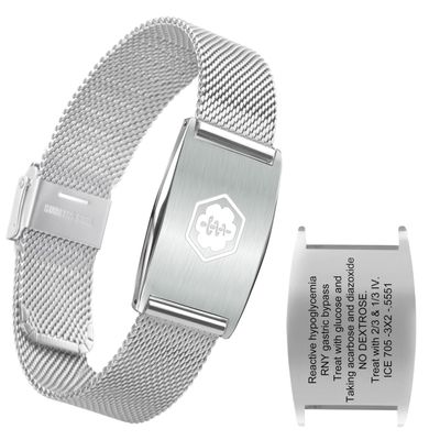 BURISSKY Adjustable Medical Alert Bracelets for Women Men with Free Engraving,Personalized Custom Emergency Identification ID Waterproof Mesh Wristbands (8.5, Silver Style with White Symbol)