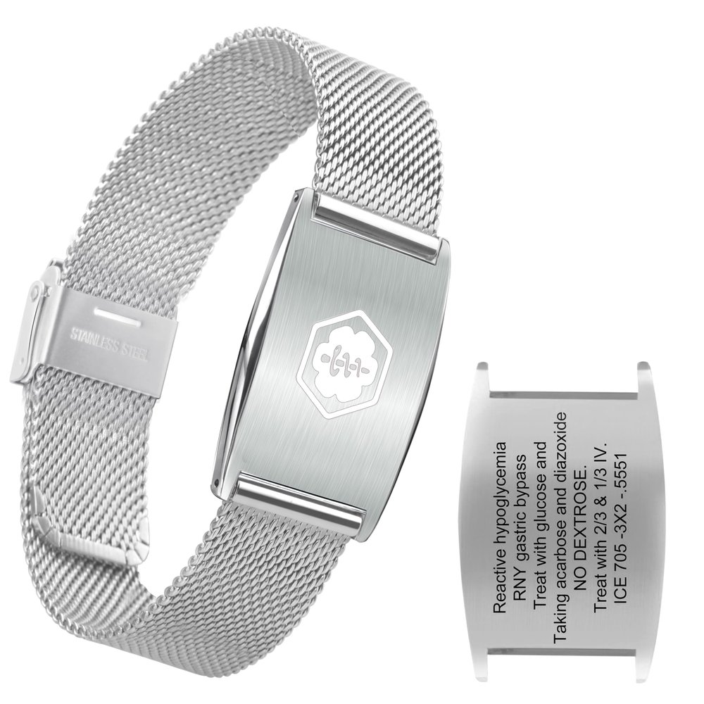 BURISSKY Adjustable Medical Alert Bracelets for Women Men with Free Engraving,Personalized Custom Emergency Identification ID Waterproof Mesh Wristbands (8.5, Silver Style with White Symbol)