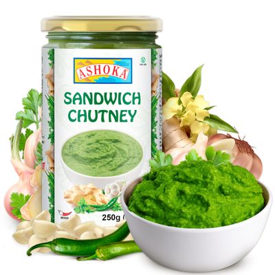 Ashoka Sandwich Chutney | Made with Coriander Leaves, Lemon Juice & Fresh Garlic | Vegan | Kosher Certified | Authentic Indian Recipe Since 1932 | Great as a Sandwich Spread | 250 Grams