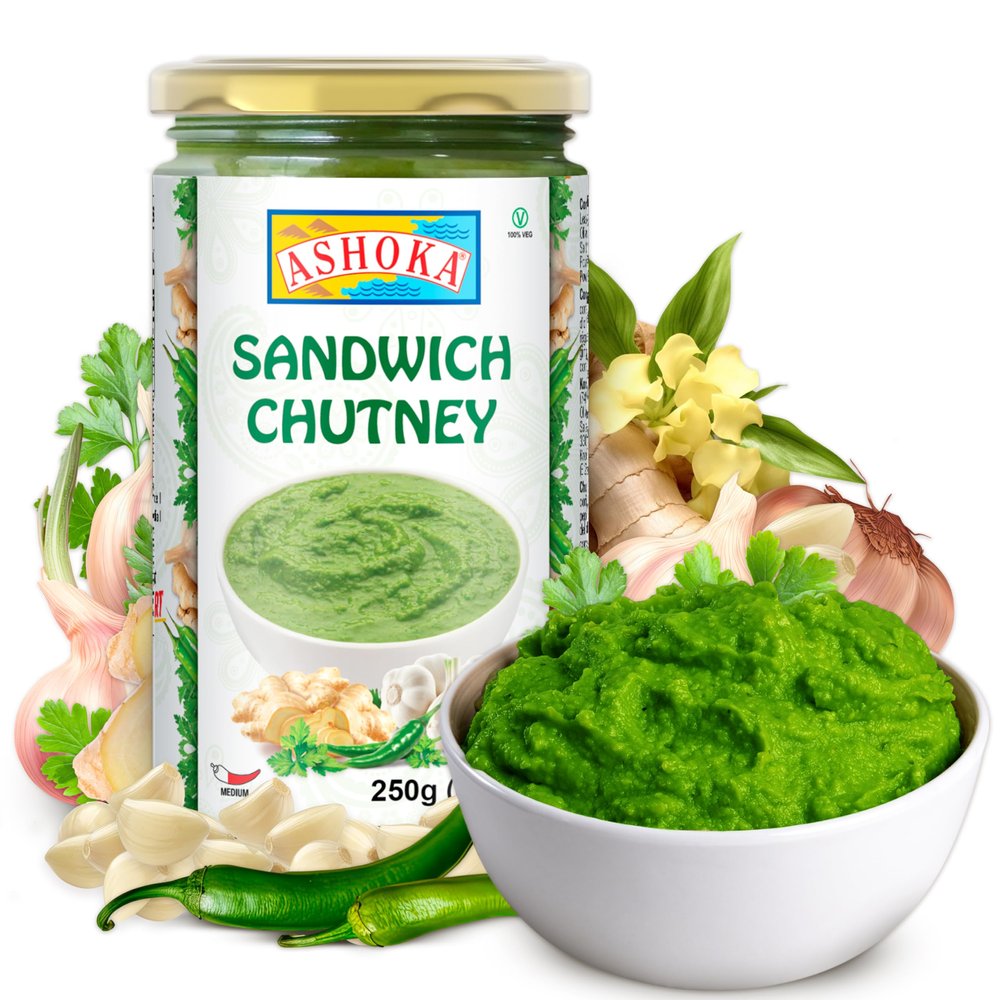 Ashoka Sandwich Chutney | Made with Coriander Leaves, Lemon Juice & Fresh Garlic | Vegan | Kosher Certified | Authentic Indian Recipe Since 1932 | Great as a Sandwich Spread | 250 Grams