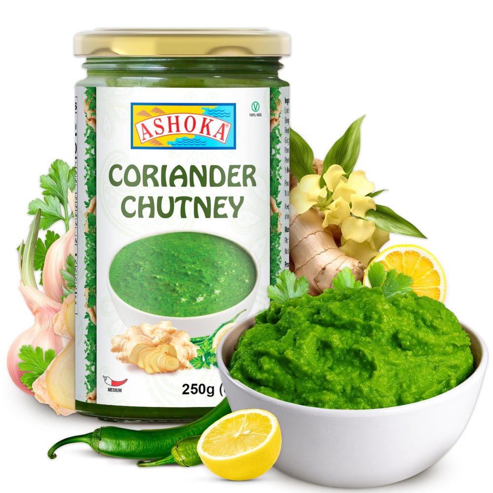 Ashoka Indian Coriander Chutney | Made with Coriander Leaves, Lime & Fresh Garlic | Authentic Indian Recipe Since 1932 | Kosher | Vegan | Medium Spiced | Great for BBQ, Wings, and Salads | 250 Grams