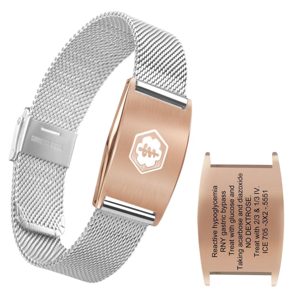 BURISSKY Personalized Medical Alert Bracelets for Men Women with Free Engraving,Adjustable Emergency Identification ID Waterproof Mesh Wristbands (8.5, Silver Band with Rose Gold Tag)