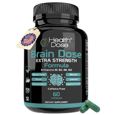 Health Dose Brain Dose Premium Nootropics - Caffeine-Free Extra Strength Formula for Men & Women - Supports Brain Health, Cognitive Focus & Memory Retention