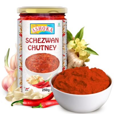 Ashoka Schezwan Chutney | Vegan | Kosher Certified | No Colors | Gluten-Free | Authentic Indian Recipe Since 1932 | Great for BBQs, Wings, and Veggies | 250 Grams