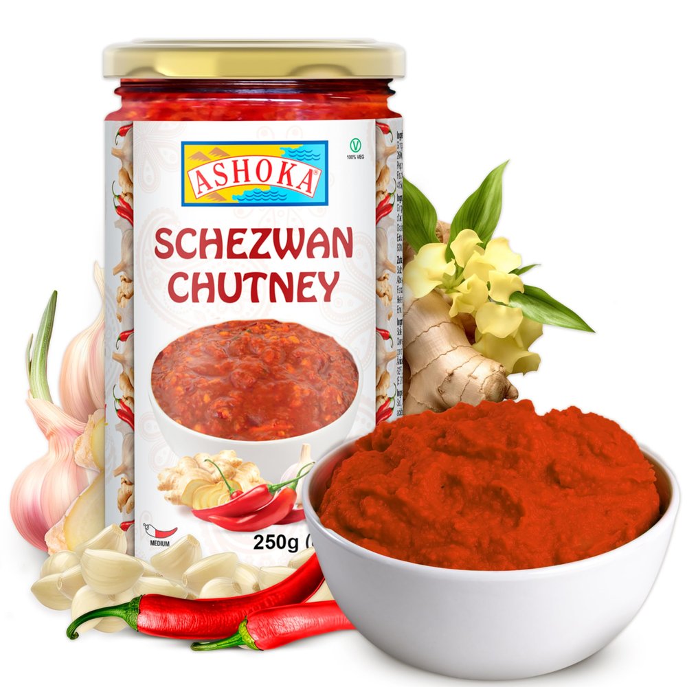 Ashoka Schezwan Chutney | Vegan | Kosher Certified | No Colors | Gluten-Free | Authentic Indian Recipe Since 1932 | Great for BBQs, Wings, and Veggies | 250 Grams