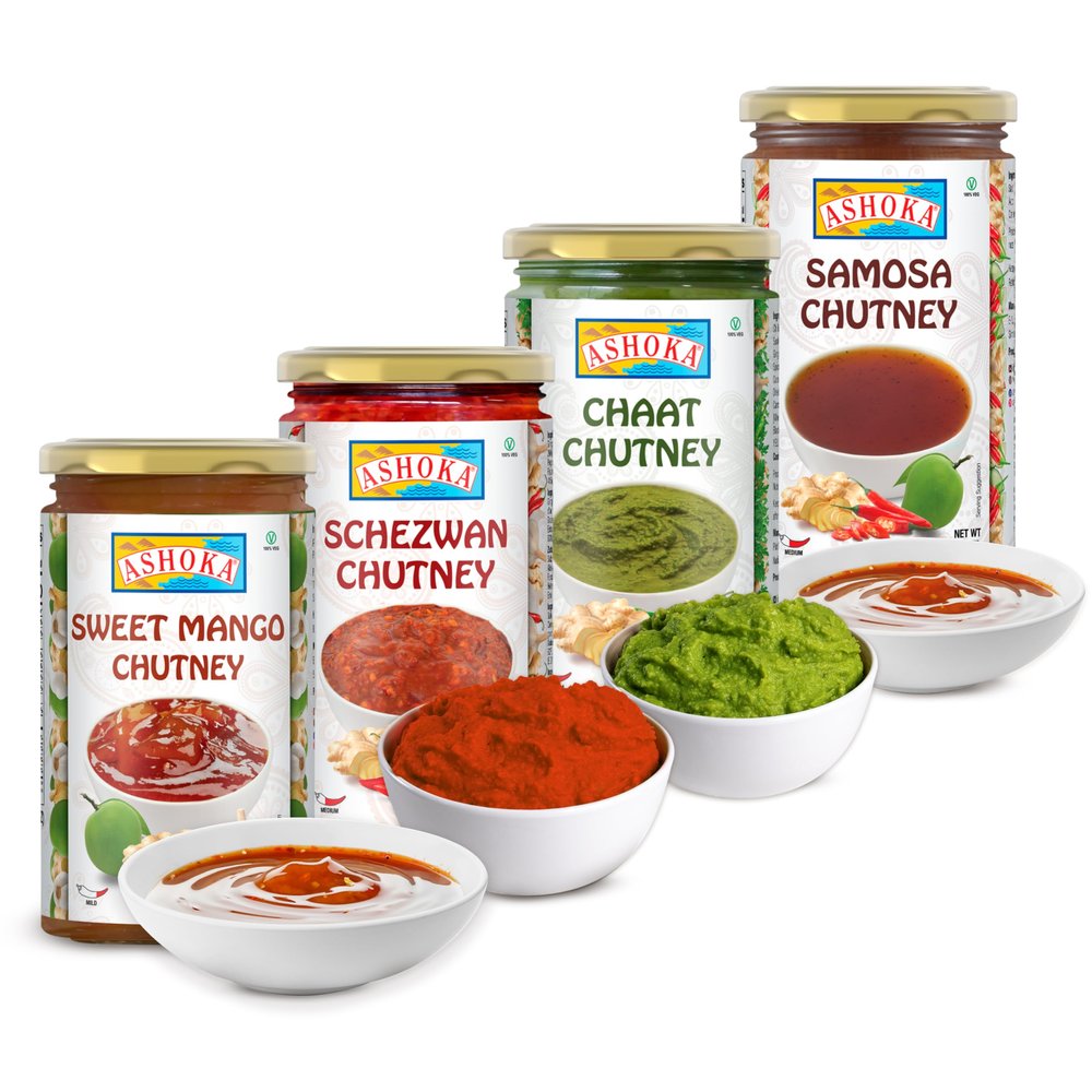 Ashoka Authentic Indian 1932 | Made with Premium Indian Spices | Chutney Variety Pack | Kosher Certified | Vegan | Great for Burgers, Sandwiches, and Veggies | Pack of 4