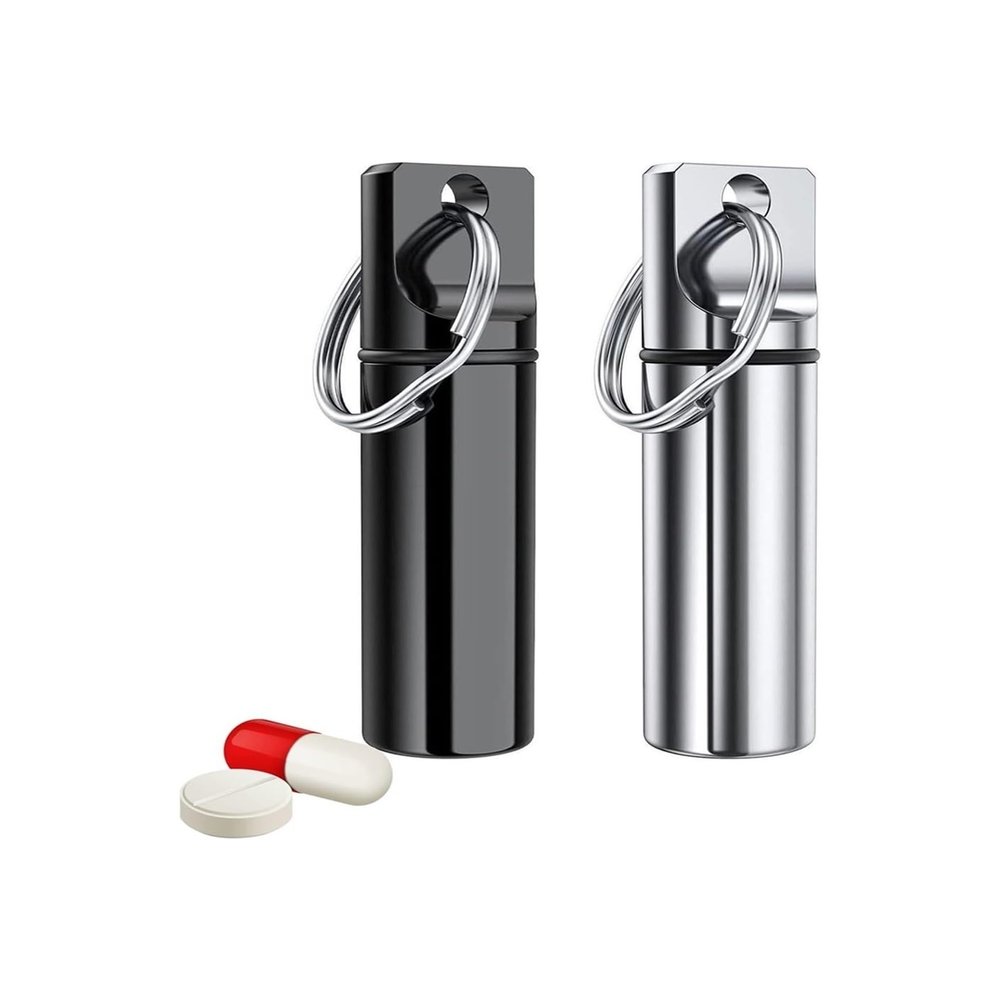 SNIME Pill Dispenser Pill Holder Keychain, Stainless Steel Pill Case, Outdoor Emergency Pill Box, 2 Pack Pill Organizer for Daily Camping (Color : Black and Sliver)