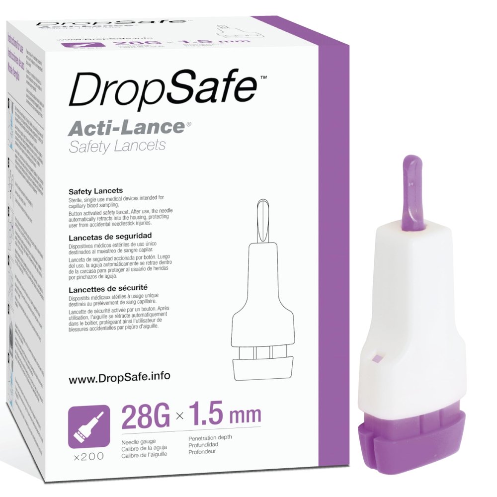 Dropsafe Acti-Lance Safety Lancet, Lite, 28 Gauge, 1.5mm, Top Button Activated Blood Testing, Ideal for Thin Skin, Sterile, Single-Use 200ct Box