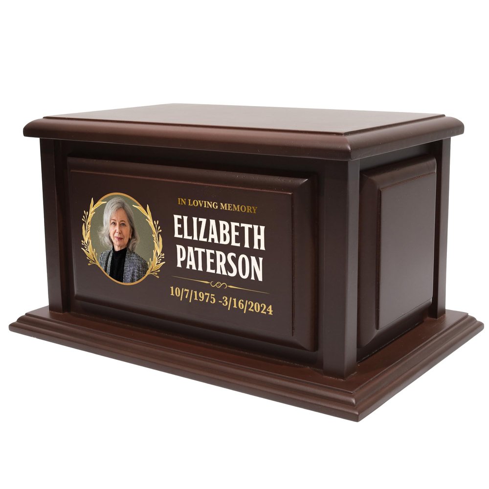 250lbs Personalized Urns for Ashes Made of Solid Pine Wood, Custom Urn Box for Human Ashes, Large Burial and Cremation Urns for Ashes, Walnut Design (Design 11)