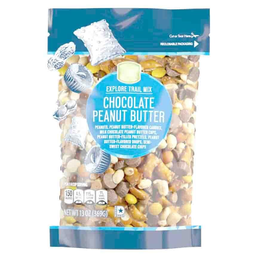 Chocolate Peanut Butter Trail Mix: Peanuts, PB Candies, Milk Chocolate PB Cups & Drops, PB Filled Pretzels, Semi Sweet Chips - Snack Snacking Salty Food Gift Treat, Southern Grove 13oz Explore Bag