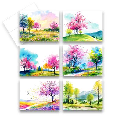 Aria Rae Design Spring Tree Notecards, Set of 12, blank note cards, watercolor cards, all occasion greeting cards, blank note cards, cute greeting cards, watercolor cards, blank inside