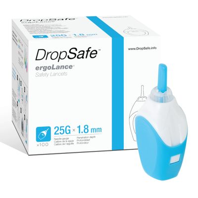 Dropsafe Ergolance Safety Lancet, 25 Gauge, 1.8mm, Pressure Activated Blood Testing, for Normal to Thick Skin, Sterile, Single-Use, 100ct Box