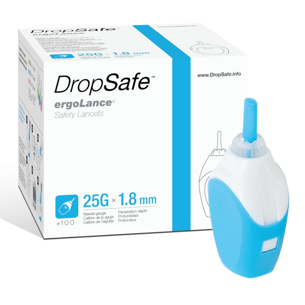 Dropsafe Ergolance Safety Lancet, 25 Gauge, 1.8mm, Pressure Activated Blood Testing, for Normal to Thick Skin, Sterile, Single-Use, 100ct Box