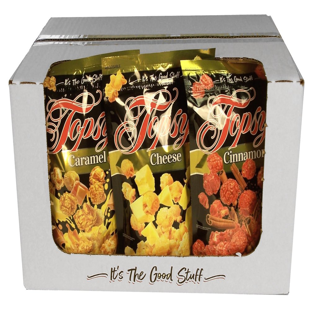 Topsys Popcorn Treats Box, 12 Self-Seal Bags of Flavored Popcorn (4 Caramel, 4 Cheese, 4 Cinnamon)