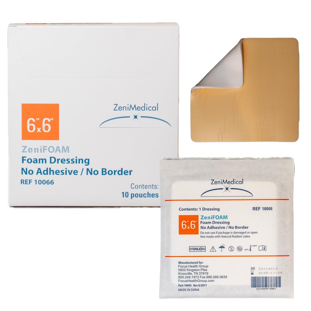ZeniFOAM Polyurethane Foam Dressing 6" x 6" - No Border, No Adhesive, Sterile, Highly Absorbent for Heavy Wound Drainage, Non-Stick and Lint-Free Pad, Latex-Free, with Waterproof Backing (10pcs/Box)