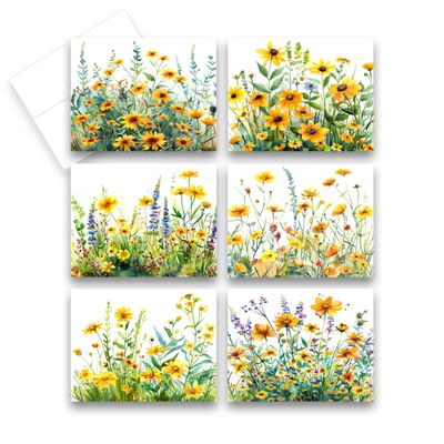 Aria Rae Design Yellow Wildflower Greeting Cards, Set of 12, Blank cards with envelopes, all occasion cards, notecards, greeting card assortment, Cute flower cards, blank inside