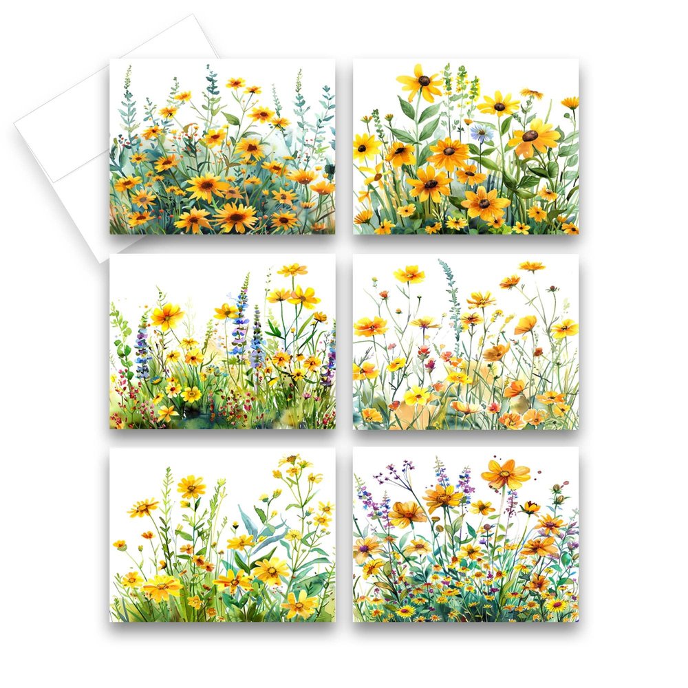 Aria Rae Design Yellow Wildflower Greeting Cards, Set of 12, Blank cards with envelopes, all occasion cards, notecards, greeting card assortment, Cute flower cards, blank inside