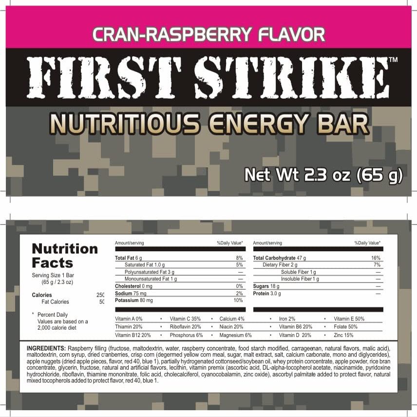 First Strike Energy Bars, Full Size (2.3 oz.) Vitamin Fortified Nutritious Energy Bars - Authentic USGI MRE Dessert component available in 6, 12, 24, 48 and 100 Packs (48, CranRaspberry)