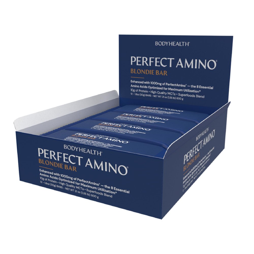BodyHealth PerfectAmino Bar Protein Energy Snack with 10g Protein, Plant-Based MCTs, Superfood Blend, Non-GMO, Gluten, Dairy & Soy Free (Blondie, 12 Pack)